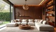 © Pete - Modern living room features comfy modular sofa, sleek wood walls, floating shelves. Stylish bronze chandelier hangs above wood coffee table. Large window offers garden view. Soft ambient lighting