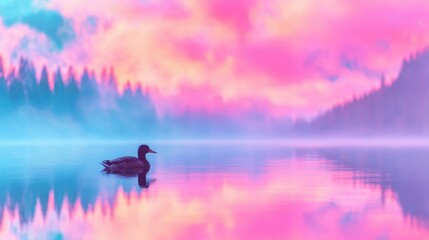  Ducks swim in water during sunset with colorful sky and forest background