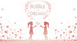 © house of vector - Two girls holding a heart shaped bubble surrounded by pink hearts and flowers in a dreamy field