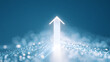 © James - Ascending Path: A luminous, bright arrow pointing upward, symbolizing progress, growth, and forward momentum against a vivid, deep blue background, surrounded by sparkling particles.