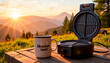 © Lyudmila Finkel - Coffee mug and portable sandwich maker on table in scenic mountain sunrise