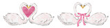 Two watercolor swans facing to form a heart and a matching pair with a pink ribbon - romantic illustrations suitable for wedding stationery, Valentine’s, logos and love-themed designs.
