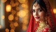 © Viktor - Beautiful Indian bride in traditional red attire. Woman wears elegant jewelry gold ornaments. Portrait of smiling female at wedding ceremony. Culture marriage tradition concept photo.