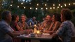 © Hitesh - Cheerful people sitting around a wooden table eating dinner and socializing outside in a beautiful park or garden at twilight.