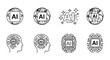 © Jamshadul - Collection of eight black and white icons representing artificial intelligence, including circular, brain, and globe designs