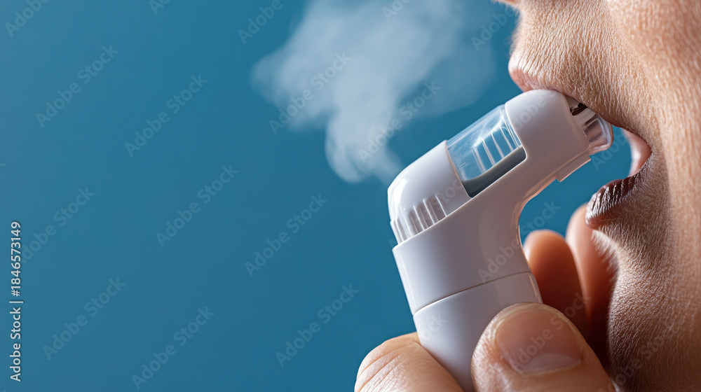 Phohoping Inhaler asthma patient using inhaler during coughing attack, close-up view ...