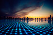 © Travel 'n' Lifestyle - View of vibrant blue lights illuminate a reflective surface beneath a gathering of silhouetted figures against a fiery sunset sky, Zadar, Zadar County, Croatia.