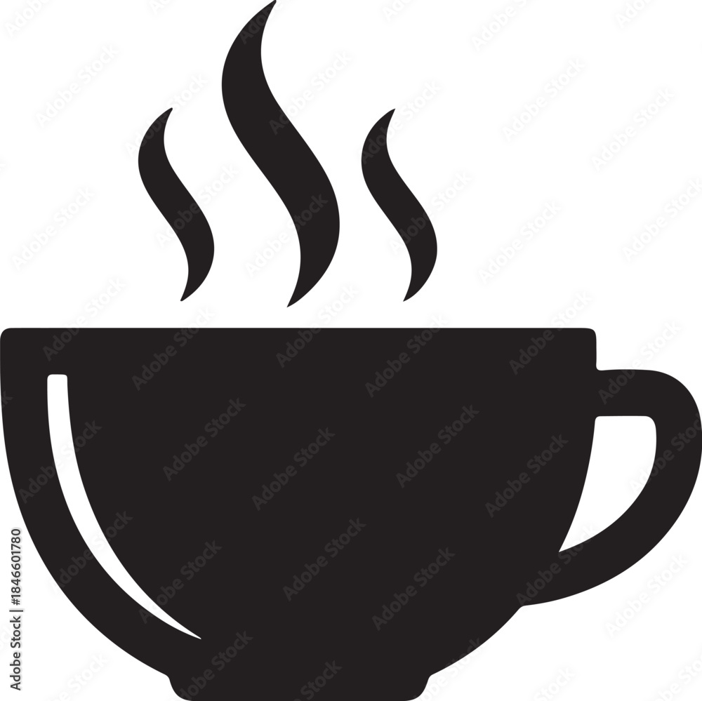 Black silhouette of a steaming coffee cup with three wavy lines indicating heat on a white background