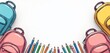 © Viktor - Illustration presents school supplies. Backpacks, pencils arranged in design. Colorful graphic shows creative learning background. Design elements on white background are ready for education themes.