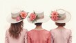 © Viktor - Three women from behind wear elegant pink dresses, floral hats. Ladies stand together as friends bridesmaids at wedding. Stylish headwear decorated with flowers for spring garden party special event