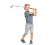 © Alice a. - Happy boy playing golf in full swing pose. smiling child and junior golfer enjoying sport activity. Young male player isolated on transparency background for fun