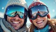 © Viktor - Couple enjoys winter mountain landscape, reflections in ski goggles show snow peaks. Smiling faces express joy and warmth during cold weather adventure. Happy people share outdoor fun.