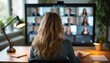 © Viktor - Woman attends hybrid meeting online seeing colleagues on screen. People connect via video call for remote work collaboration. Team discusses project on virtual conference platform. Modern business