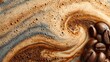 © horizon - Extreme close-up top view of espresso coffee foam texture with swirling crema bubbles in rich brown and beige tones abstract background.
