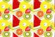 © Irina - A vibrant, seamless pattern bursting with fresh fruit slices—watermelon, pineapple, kiwi, orange, lemon, and strawberry—on a bright white background.