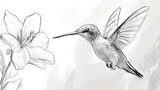 Grayscale Hummingbird Collecting Nectar from Flower - Delicate Nature Artwork