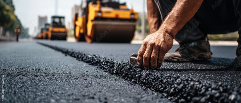 Worker finishing asphalt road construction
