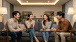 © D-stock photo - Group of asian young friends sitting on sofa and drinking coffee in living room at home
