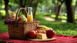 © Nattapol - Picnic basket food outdoor park on red blanket, fresh fruit juice bread cheese under tree shade creates peaceful summer relaxation scene