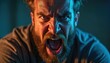 © Viktor - Bearded man shouts in close up shot. Face shows intense anger, frustration and aggression. Dark moody lighting accentuates his dramatic expression and yell.