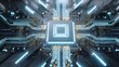 © pkproject - Close up view of a luminous square shaped central processing unit surrounded by detailed high tech circuit board pathways and vibrant blue energy lines representing advanced digital technology