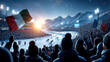 © master1305 - Winter sports arena packed with cheering fans waving national flags at sunset. Concept of event promotion, tourism campaigns, emotional crowd energy and sports celebration.