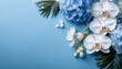 © Laurie - white orchids and blue hydrangeas on a clean sky blue background highlighting elegance and serenity from above