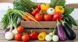 © kirek - Fresh vegetable assortment in rustic wooden crate on table