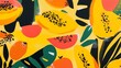 © Kessel - Vibrant tropical fruit pattern illustration with colorful papayas, watermelon slices, and oranges on a bright yellow background, featuring abstract leaves and brush strokes.