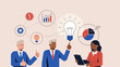 © TANIA - Business Leadership Concept. Vector illustration of a diverse office team discussing ideas, finance, and growth strategy. Teamwork, innovation, and project planning concept.