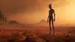 © Trendy Designs - Alien standing on a desolate, reddishorange alien planet landscape during sunset or sunrise, science fiction concept