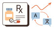 © robu_s - Prescription bottle, pills with Rx text, arrows indicating translation between languages, and upward growth graph. Ideal for healthcare, language services, global communication, pharmacy, medical