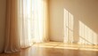 © Maryna - Sunlight streams through sheer curtains casting soft shadows on wooden floor. Gentle light illuminates empty room. Peaceful morning ambiance, airy atmosphere, natural light. Warmth and comfort inside.
