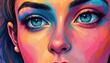 © Maryna - Close up of a womans face with striking blue eyes and vibrant abstract makeup. Colorful face paint art, expressive look, beauty concept. Modern graphic design style.