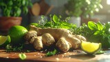 ginger and lime on the table with fresh green leaves