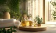© Vector - Minimalist spa setup with natural oils, herbal extracts, and fresh greenery, soft natural light creating a calming ambiance, clean wellness concept, high-detail close-up,