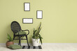 © Pixel-Shot - Chair, houseplants and cushions near green wall in interior of modern room