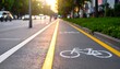 © Anggi - Bicycle Lane with Bike Symbol and Bright Yellow Line Alongside Road at Sunset