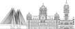 © NURUL - Minimalist line art illustration of the iconic Mumbai city skyline featuring the Bandra-Worli Sea Link and Chhatrapati Shivaji Maharaj Terminus