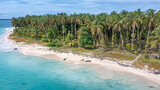 Breathtaking aerial drone view showing the lush green vegetation and white sandy beaches of Zapatillas Island in Panama