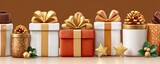 Festive gift boxes with gold ribbons and ornaments on a warm brown background