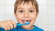 © photoplotnikov - Smiling caucasian child brushing teeth with blue toothbrush in bathroom setting