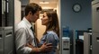 © Tiana_Geo - Man and woman in intense close conversation, leaning against an office wall. Workplace romance or conflict, showing professional adult relationship in business.