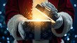 © want - Santa Claus Opening a Magical Gift Box Exuding Sparkling Lights and Wonder