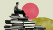© Sukifli Dakheng - Person sitting on book pile retro collage vintage art surreal scene reading concept education literature knowledge learning imagination contemplation