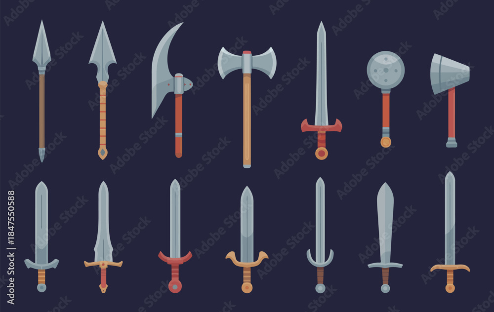 Medieval Cartoon Weapon Set Vector Illustration with Swords Axes Spears ...