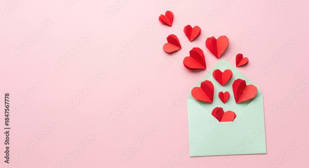 Valentine’s Day greeting card with red paper hearts flying out of an ...