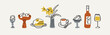 © Good Studio - Food and drink set in doodle scribble handdrawn style. Egg, grapes, breakfast pancakes, flower vase, coffee cup, wine bottle, wineglass, snacks, sketch drawings. Hand-drawn vector illustrations