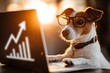 © A - Bright morning with a tech-savvy pup. Dog at desk. Business metrics rise steadily through thoughtful innovation. Dog internet. Growth indicator charts.