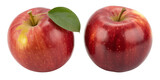Two red apples with one leaf green leaf fruit isolated on a transparent background